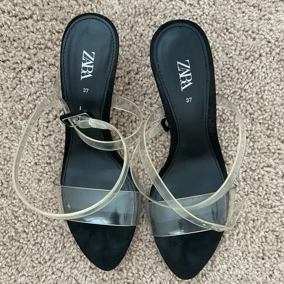 ZARA High Heels Clear Straps Black Sandals size 37 6.5 worn once comfy sexy - Picture 4 of 16